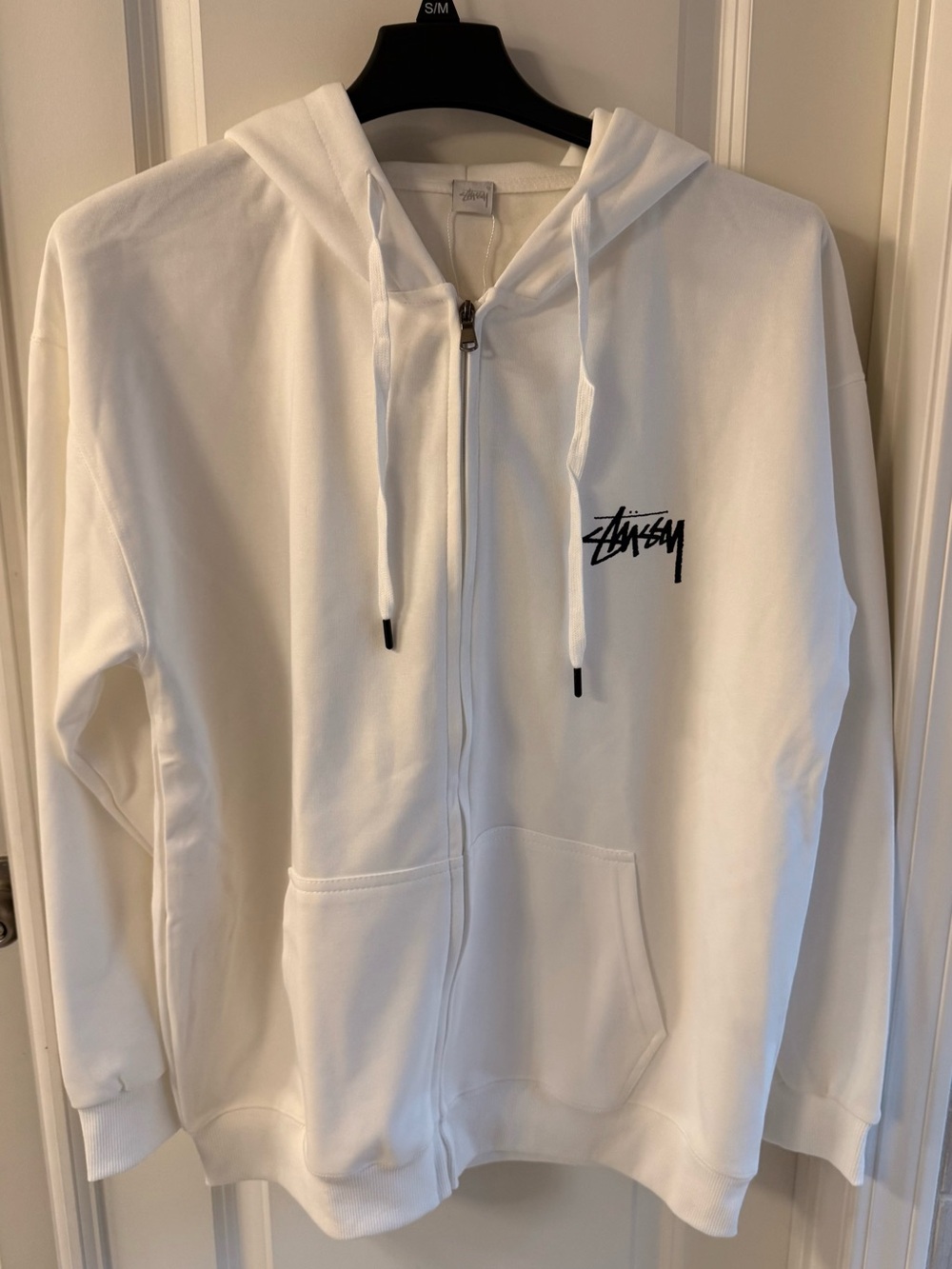 Stussy White Zip-Up Hoodie Jacket with Black Logo